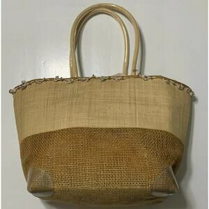 Blooming Boutique Tote Basket Seashore Shell Beaded Womens Handbag Tan